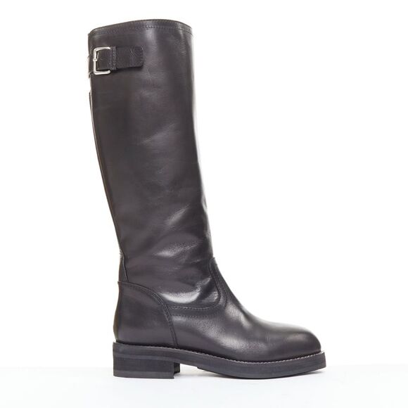 MARNI black leather silver buckle side round toe knee high boots EU37.5